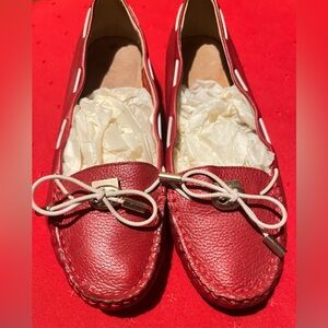 Chic Red Leather Loafers with Bow Accent